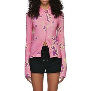 NWOT Open YY Pink Yellow Floral Lightweight Button Up Jersey Shirt Top sz 1